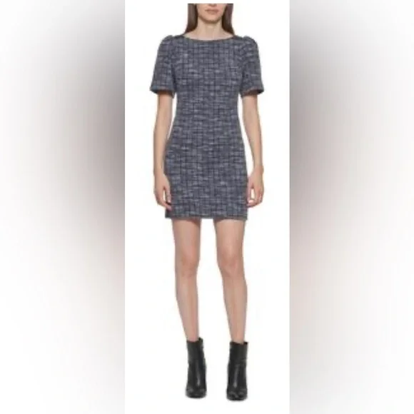 calvin klein women's tweed short-sleeve sheath dress Calvin Klein NWT White Black Tweed Form Fitting Short Sleeve Back Zip Dress 10